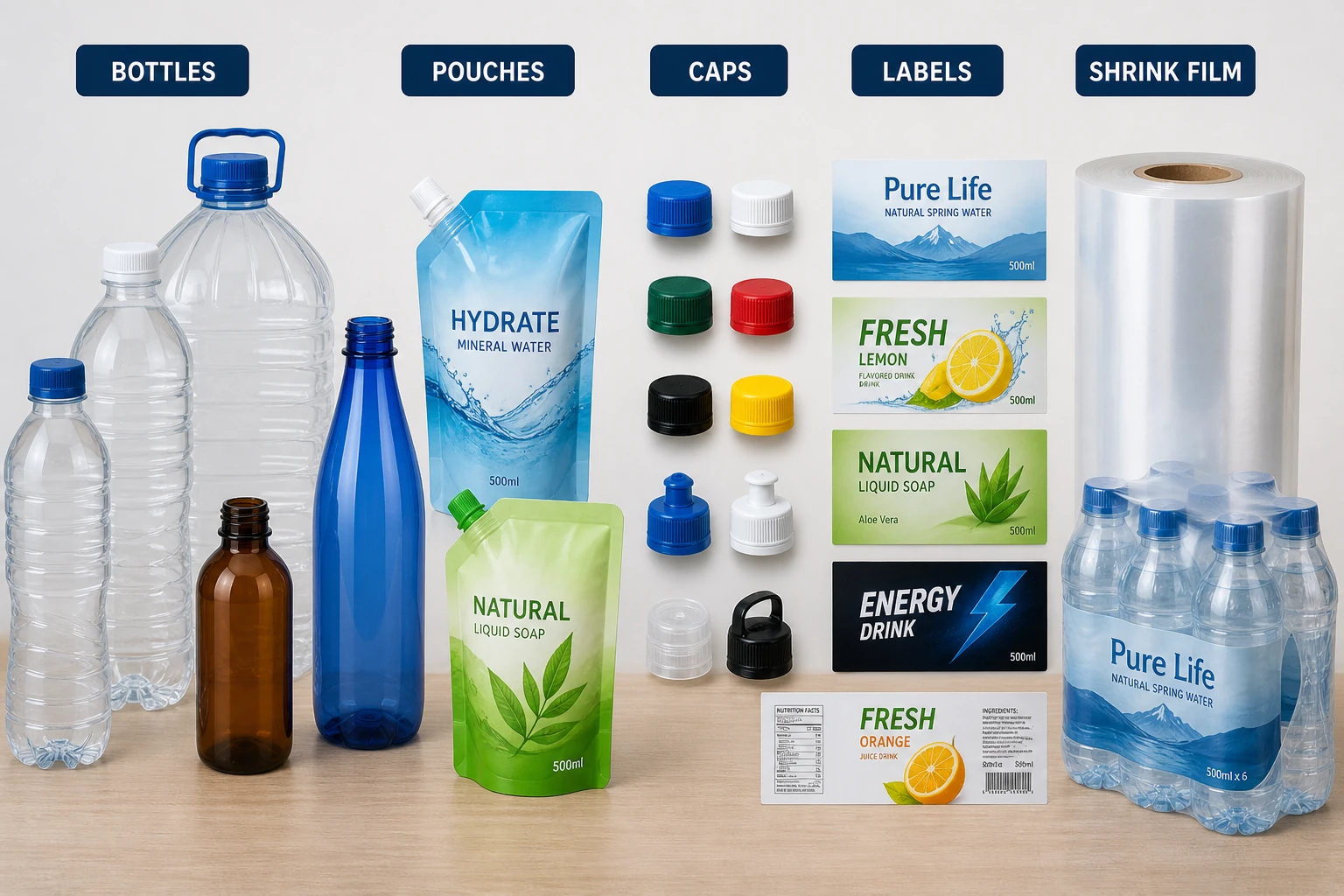 Stockpack packaging product range photograph showing bottles, pouches, caps, labels and shrink film